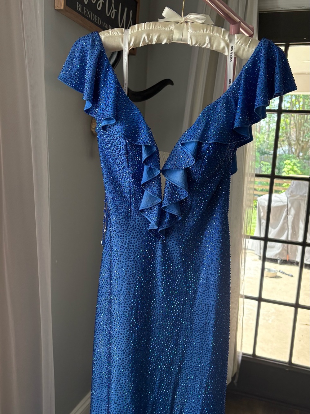 Sherri Hill Royal Blue V-Neck Ruffle Sequin Gown